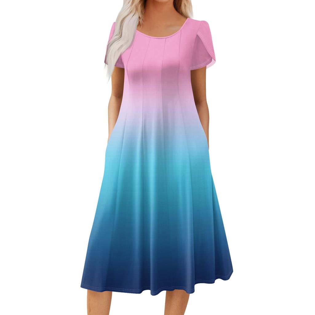 Women's Casual Fashion Round Neck Printed Short Sleeve Pocket Dress