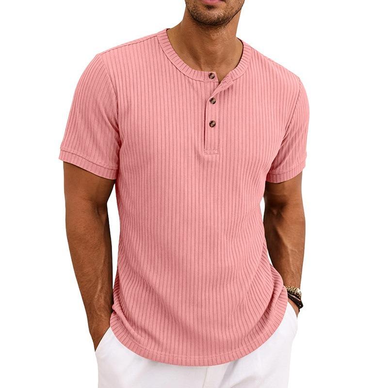 Men Retro Casual Ribbed Henley Short Sleeve Sports T Shirt