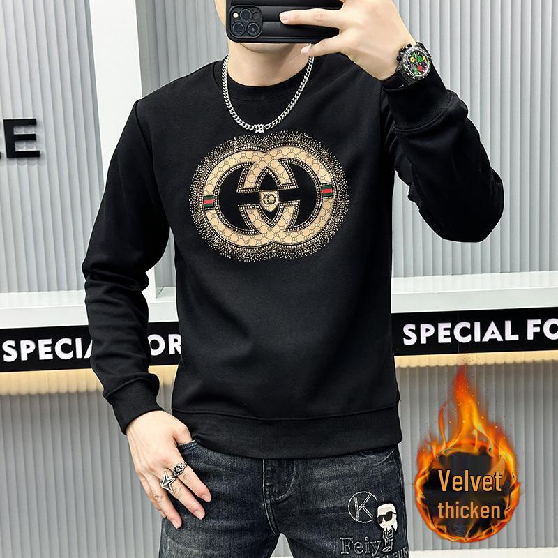 Sudadera Polar de Gama Alta para Hombre Otoño/Invierno Europeo: Elegante jersey de manga larga con diseño de pedrería termoadhesiva