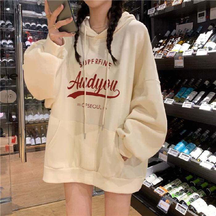 Padded Even The Cap Sweater Hooded Sweatshirt Female Autumn and Winter Loose Letter Printed Student Jacket Long Sleeve Top Retro Versatile Sweatshirt