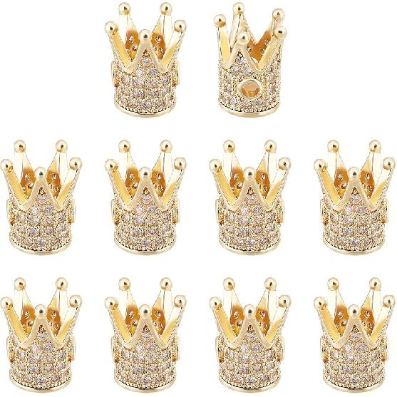 NBEADS 10 Stück Zirkonia Pavé Königskrone Perlen, 11x7mm Goldfarbe Armband Abstandshalter Charms Große Loch Lose Perlen für Armband Halskette DIY