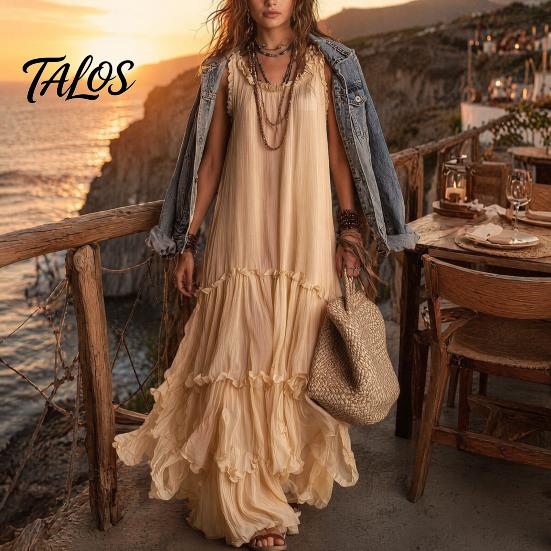 Talos Summer Ruffle Tiered Swing Dress for Women, Boho Beach Flowy Maxi Sundress, Sleeveless A-line Loose Long