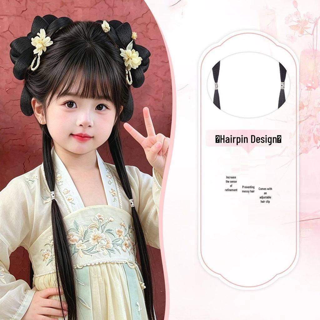 Girls' Hanfu Wig: Ancient Headdress, Children's Bun Bow Updo