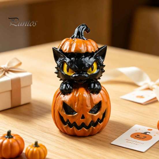 Creative Gift for Halloween Lovers Black Cat & Pumpkin Resin Ornaments, Cute Desktop Figurines, Artistic Craft Collectibles Cartoon And Statue