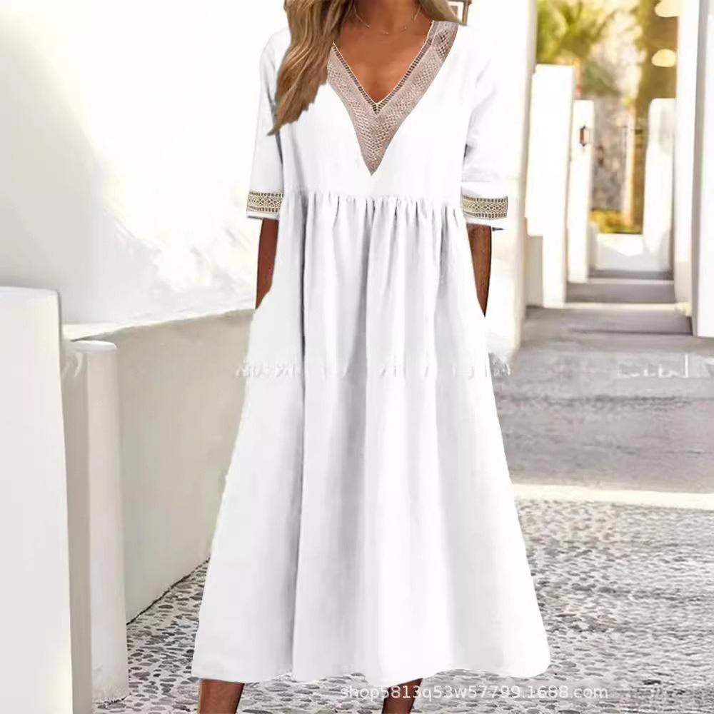 VEZFAA Kadın Modası Yaz Bahar Kısa Kollu V Yaka Bol Bel Günlük Elbiseler