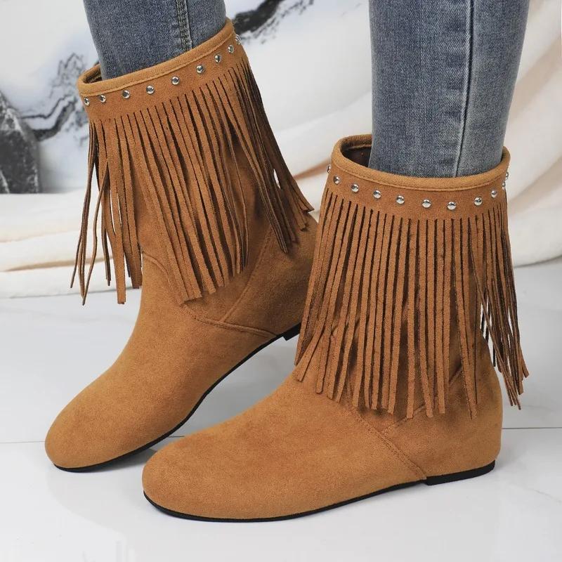 

Fashion Ladies Shoes 2024 High Quality Slip-on Women s Boots Fashion Tassel Modern Boots Women Winter Rivet Solid Mid-Calf Boots Zapatos 36