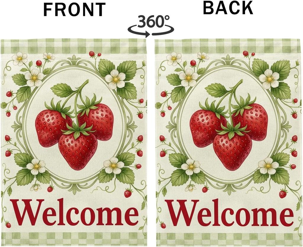 Strawberries Garden Flag, Summer Vintage Flowers Leaves Summer Red Double Sided Burlap Decorative Outside Flags for Outdoor