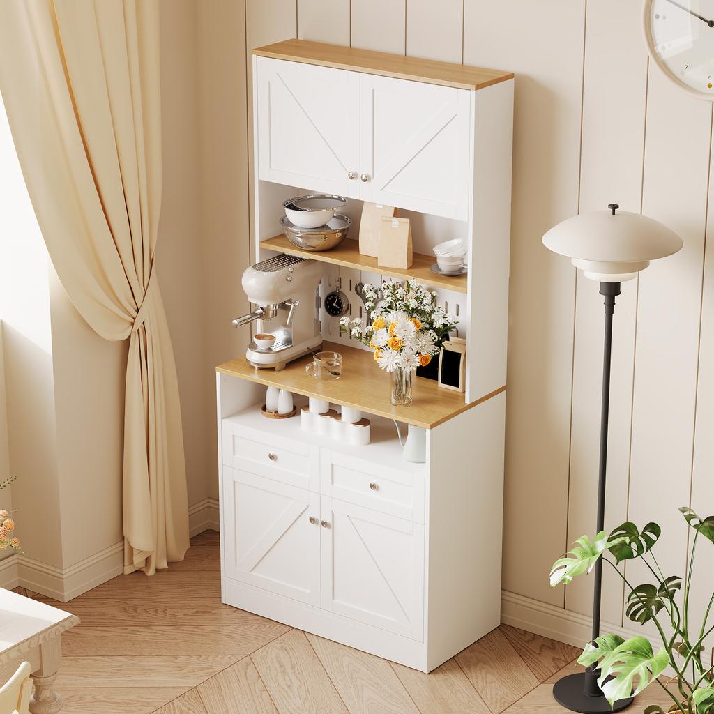 Stilvolles weißes Esszimmer-Sideboard mit 2 Schubladen und 4 Türen – Elegantes Buffet für Küche, Wohnzimmer mit silbernen Griffen und Stauraum