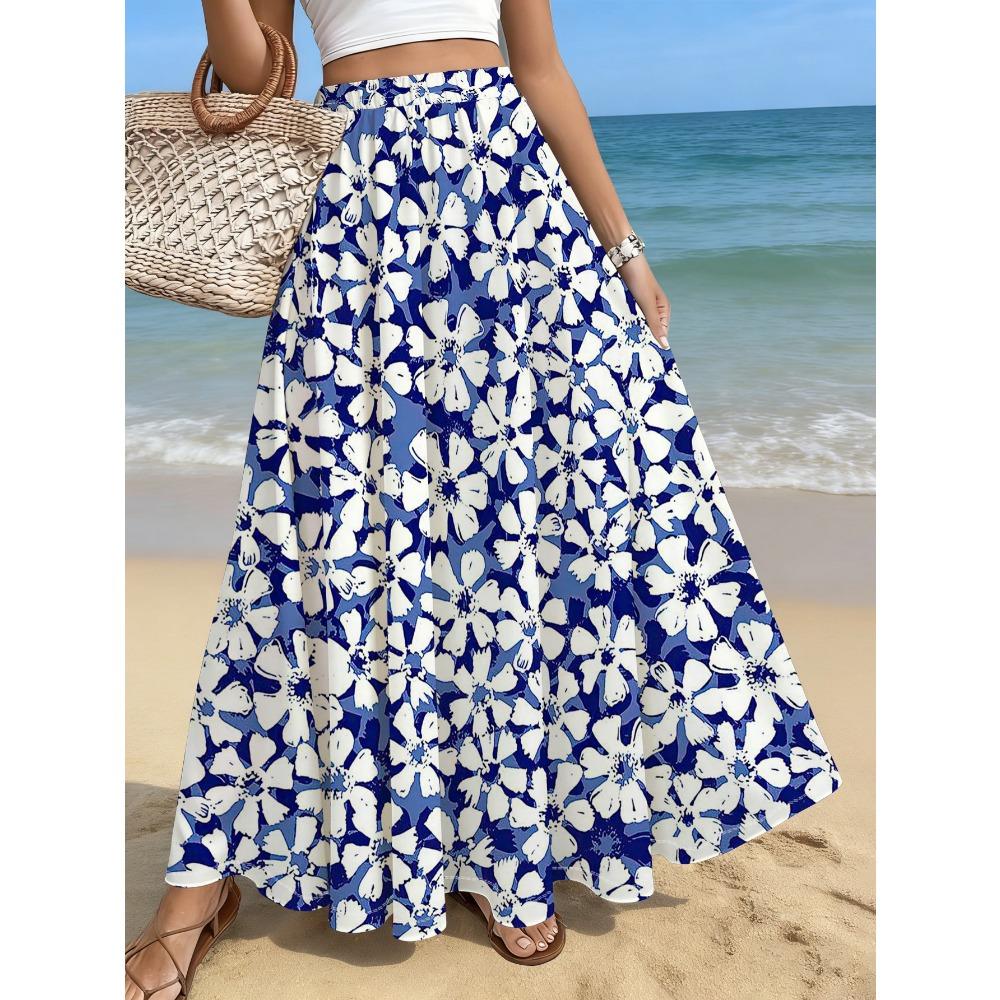 Women'S Casual Flowing Skirt with Bold Blue And White Floral Print, Ideal for Beach, Travel, Outdoor