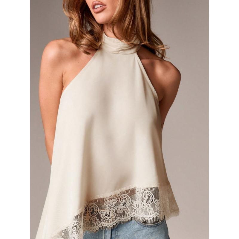 Summer New Women's Fashionable Sleeveless Satin Halter Neck Top with Lace Trim