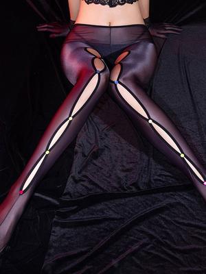 Pantalones de Moda Huecos Brillo Aceitoso Sexy Transparentes Leggings para Mujer Mallas sin Entrepierna Sirvienta Finos Leggings Transparentes