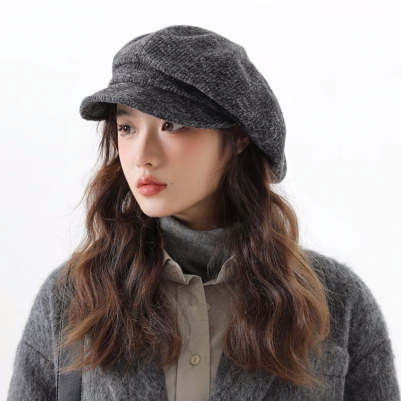 Solid Color Versatile Octagonal Hat for Women in Autumn and Winter Hong Kong Style Warm and Face Showing Little Painter Hat Newsboy Hat Trendy