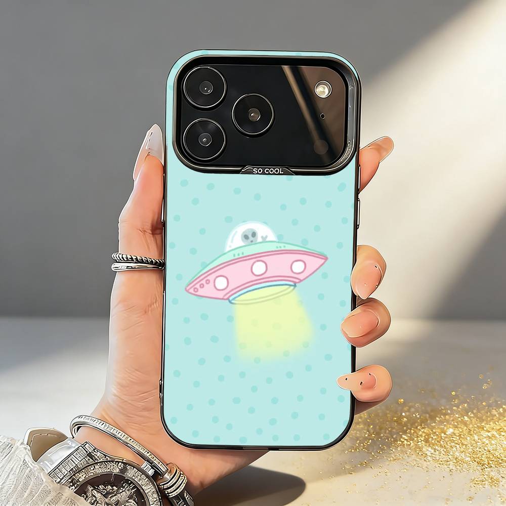 Cartoon S-Space A-Alien UFO Phone Case For iPhone17,16,15,14,13,12,11,Pro,MAX Gray Matte Silicone Black Cover