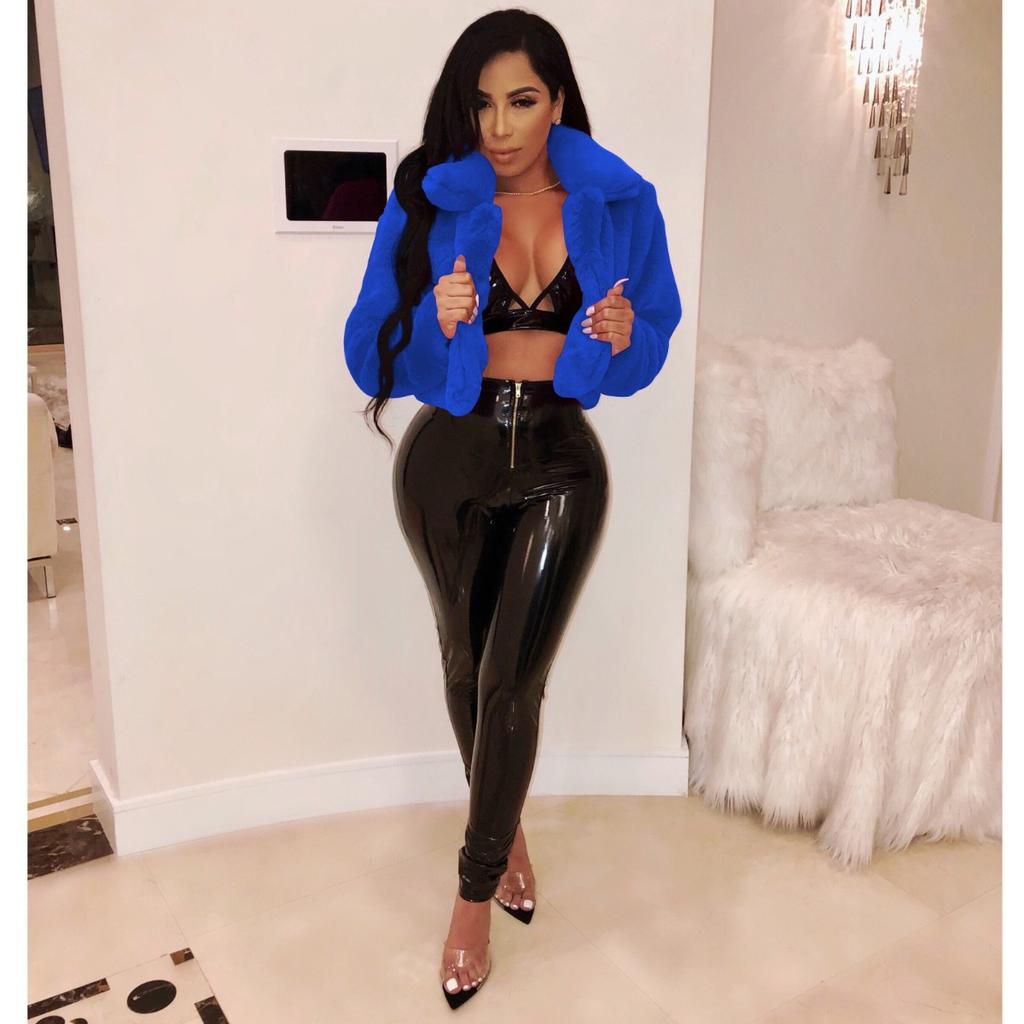 TrendHub Fashion Faux Fur Open Stitch Lapel Crop Jackets Women Clothing Autumn Winter Solid Long Sleeve Warm Furry Fluffy Coat Outer Wear