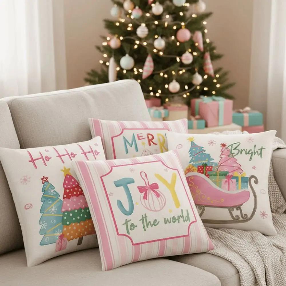 45×45cm Christmas Throw Pillow Cover Pink Christmas Tree Removable Pillow Cover Soft Linen Sofa Cushion Cover Home Decoration