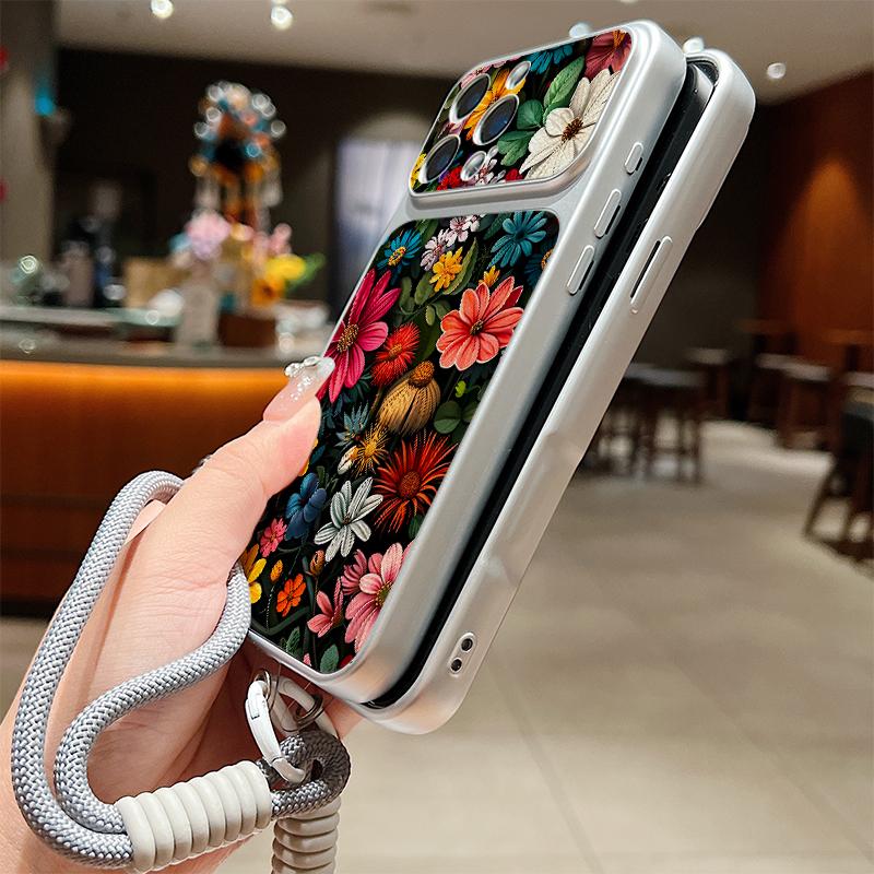 Oil Painting Floral Leather Lanyard Case For iPhone 18 Pro Max Hybrid TPU+PU Anti-skid Soft Cover For iPhone 17 16 15 14 13 Pro Max