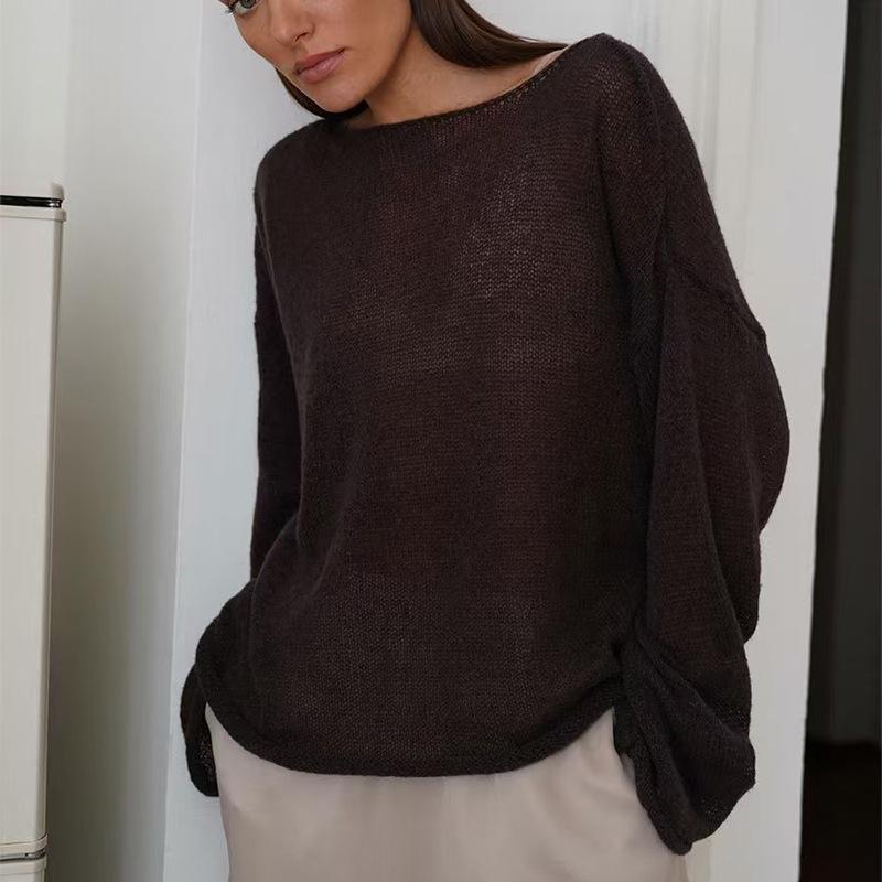 Autumn Hollow Out Knit Top Women's Loose Mesh Woven Sexy Round Neck Sheer Thin Sweater Women