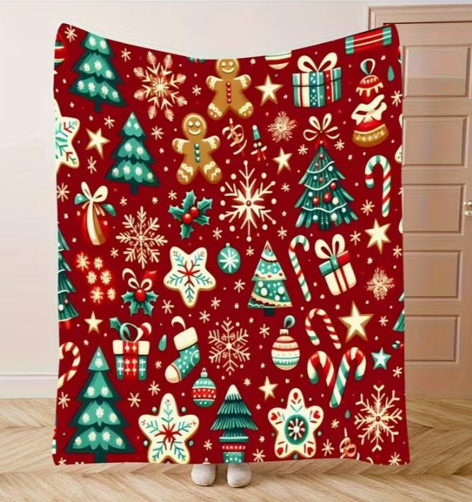 Christmas Tree Gingerbread for Man Snowflake Themed Printed Blanket, A Gift for Family and Friends Blanket