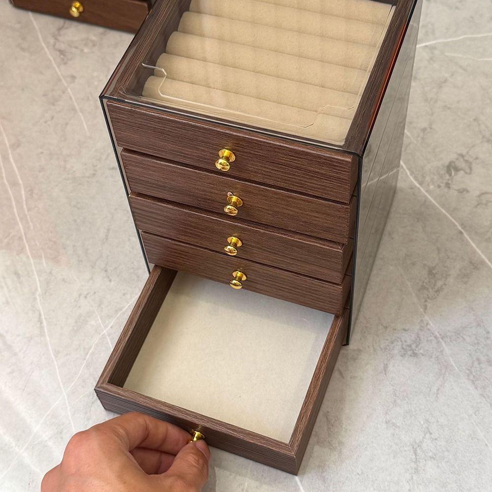 3/5 Layers Wooden Walnut Grain Jewelry Box Large Capacity Desktop Storage Case  Makeup Desktop