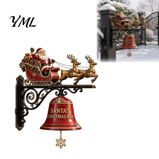 Christmas Doorbell Decoration Bell Wall Hanging Decoration, Santa Sleigh Reindeer Ornament, Large Decorative Seasonal Resin Decorations for Porch Door