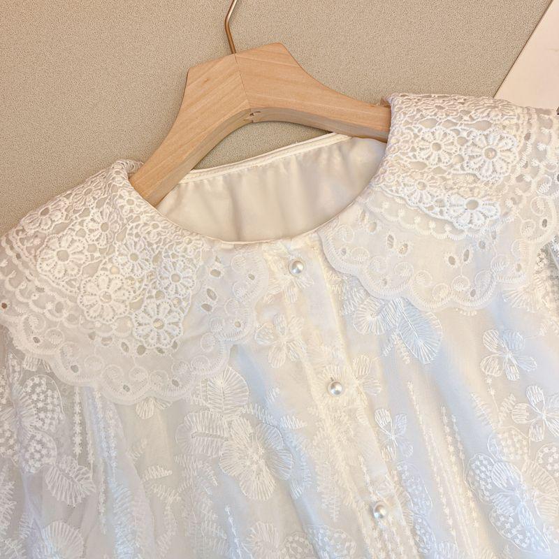 Autumn Stylish Embroidered Lace Doll Collar Shirt for Women, Sweet and Fashionable Flared Long-sleeved Casual Top