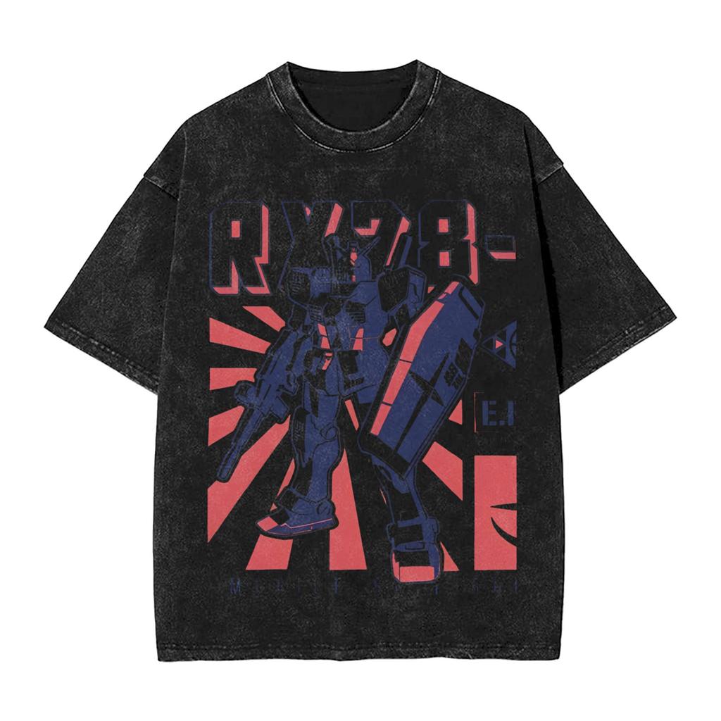 Anime Gundam RX V Printed Tshirt Mens and Womens Washed Tshirt High Quality Vintage Cotton Tshirt Harajuku Tops