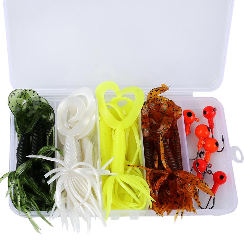 Fishing Lures Set with Squid Soft Baits Worms and Jig Head Hooks Box Fishing Tackle