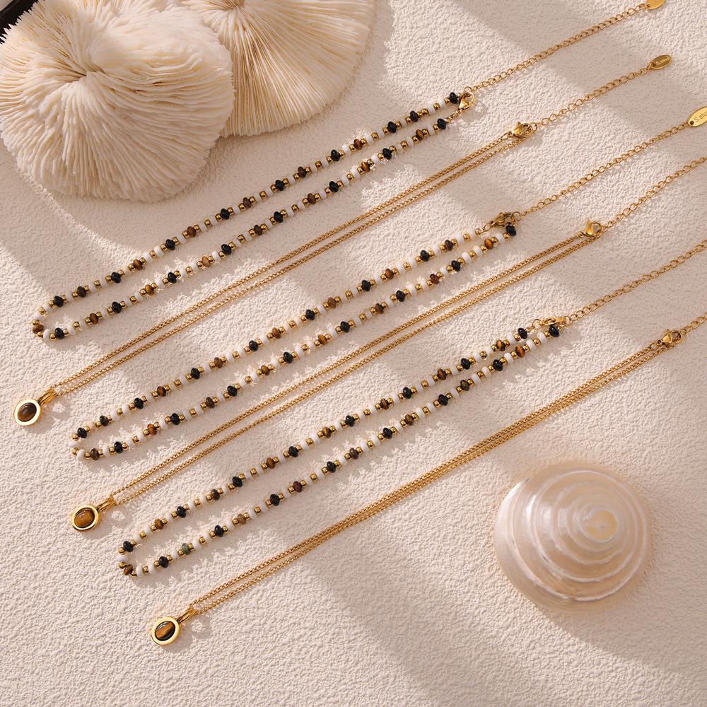 Double-Layered Tiger's Eye Beaded Necklace with Titanium Steel Clavicle Chain