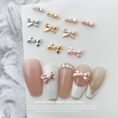 10pcs Kawaii 3D White Pink Ballet Ribbon Bowknot Bow Ballerina Girl Alloy Pearl Nail Art DIY Nails Accessories Decoration Charms