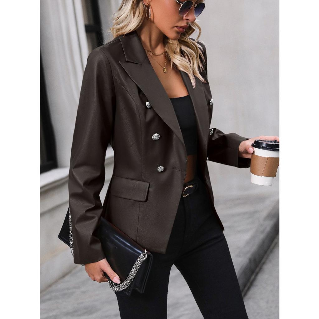 Women's Double Breasted Blazer PU Leather Moto Jacket