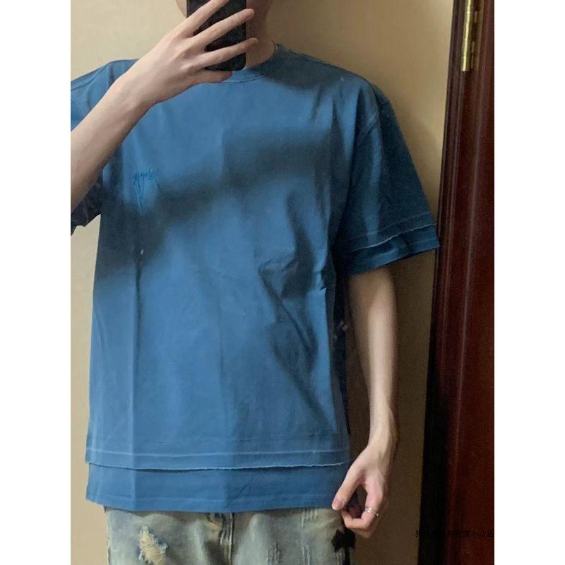 South Korea Niche Style Export Trendy Chest Small Icon Tops T-Shirt White Blue All-Match Men's and Women's Same Style Short Sleeve