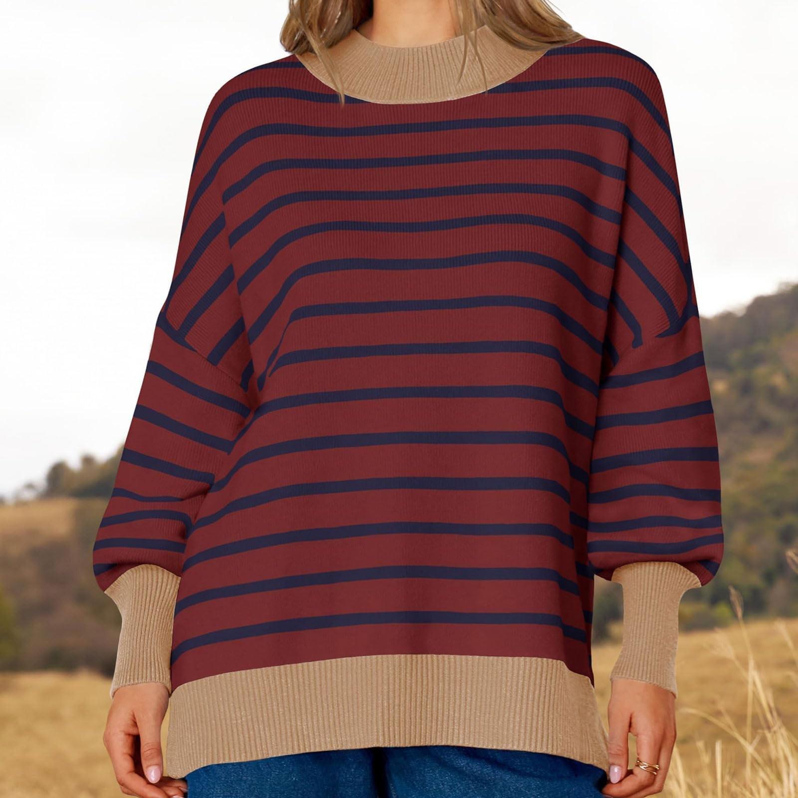 

Женские свитера Осенний повседневный модный свитер Полосатый свитер с высоким воротом Свитер с длинным рукавом XL винный