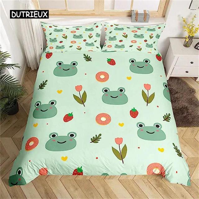 Bettbezug mit Cartoon-Pilz-Frosch, niedlicher Frosch-Bettbezug für Kinder, Jungen und Mädchen, natürlicher Wildpilz-Bettbezug, rosa Pilz