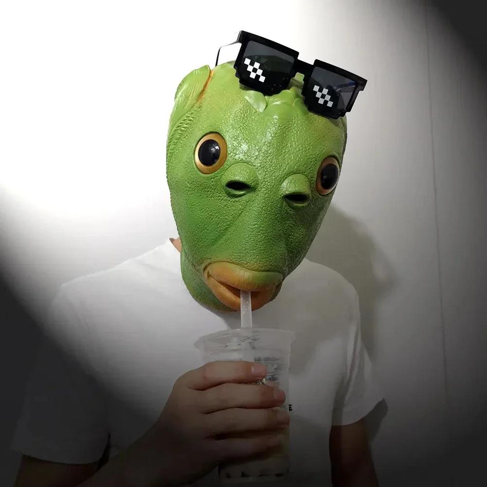 Halloween Funny Cosplay Costume Mask Unisex Adult Carnival Party Green Fish Head Mask Headdress Suitable for Fancy Dress Party