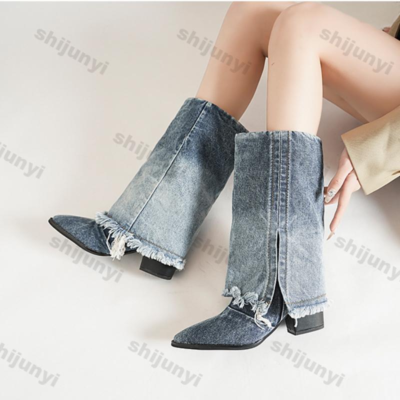 Fashion Pleated Block Heels Denim Boots for Women 2025 Autumn Pointed Toe Women Fashion Sexy Cowboy Woman Denim Pointed Toe Chunky Boots
