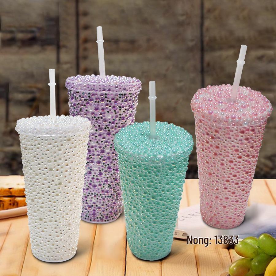 Rhinestone Cold Brew Coffee Cup: Double-Layered PS Straw Cup, Large Capacity, Perfect Gift for Women/Girls