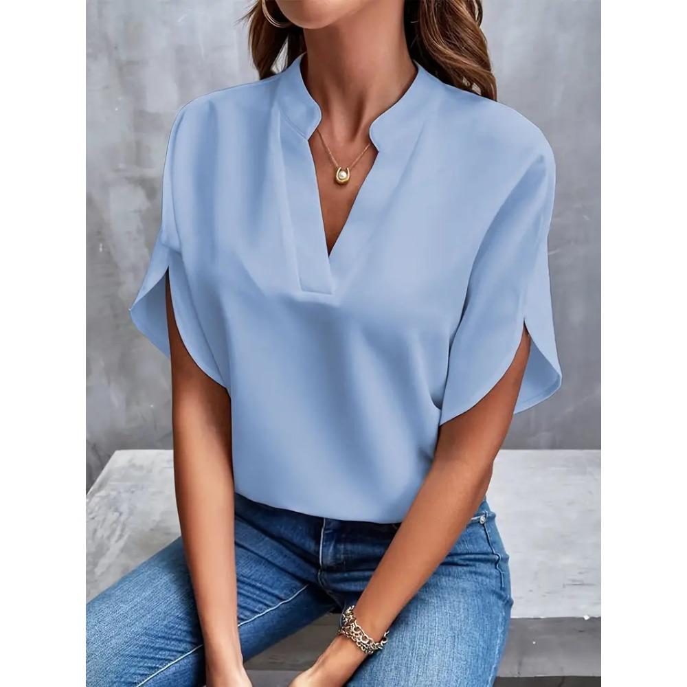 GMXIA Women's Summer Casual Solid Color V-neck Loose Shirt Top for Women