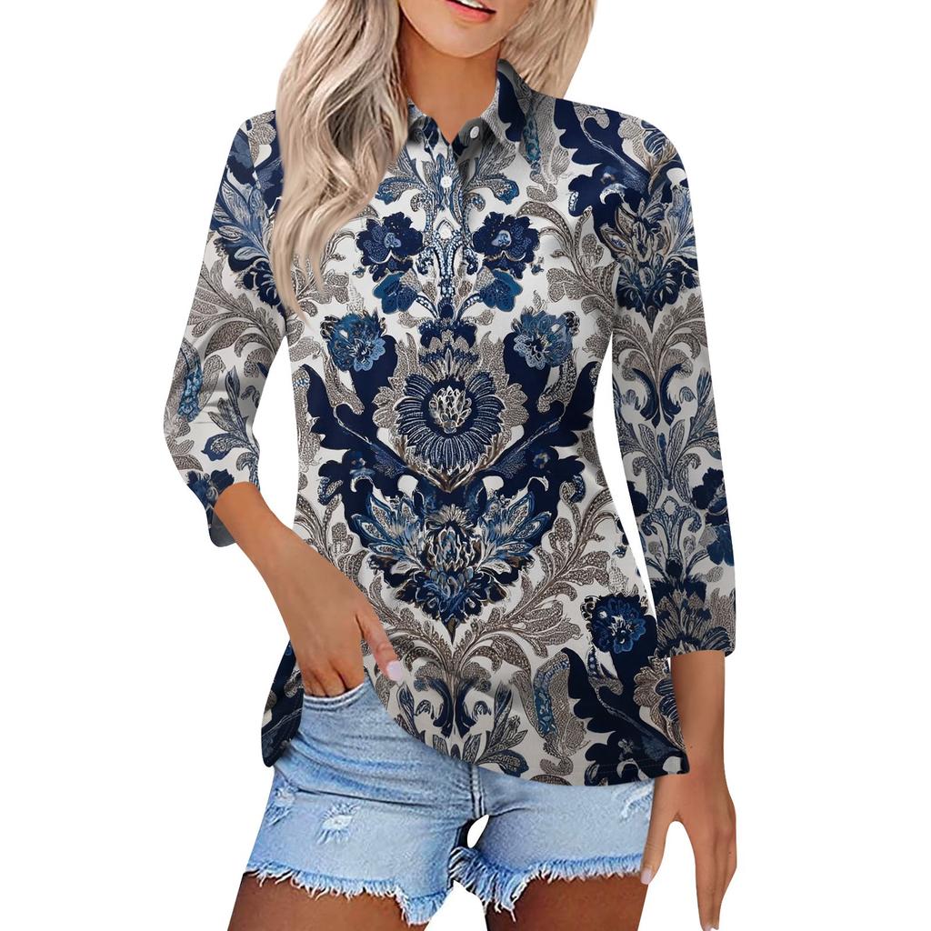 Women's Fashion Casual Lapel Short 3/4 Sleeve Print Shirt Women's Button Up Tops