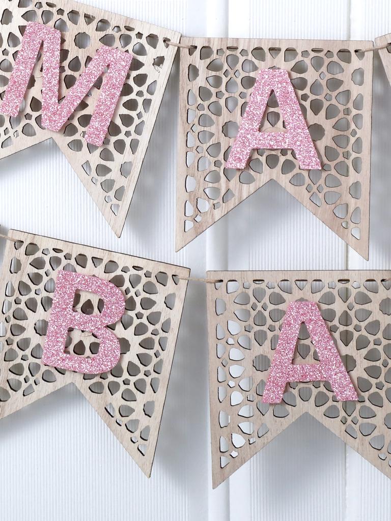 1Pc Pink Wooden Ramadan Muslim Decor Banner Pull Flag Ramadan Kareem Hanging Ornaments Wooden Ornaments Eid Mubarak Happy Gift
