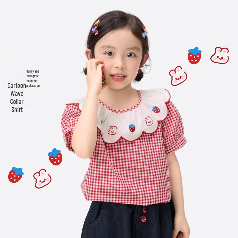 Xiaoyinman Girl s Cartoon Ruffle Collar Short-Sleeve Casual Shirt 130