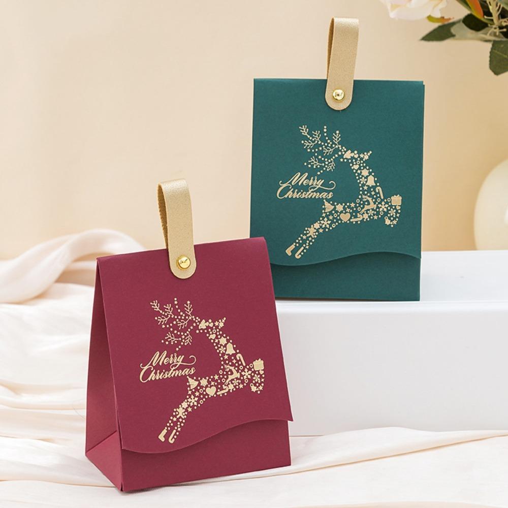 10PCS with Leather Handles Merry Christmas Candy Gift Box Hot-Stamped Cookie Package Bag Banquet
