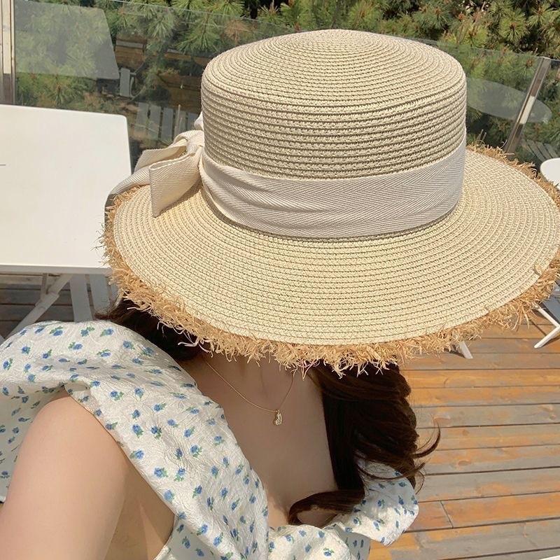 Summer Large Brimmed Raffia Bow Hand Woven Seaside Beach Hat Sun Protection Face Sun Protection Straw Hat