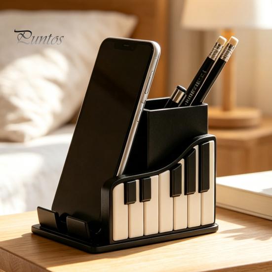 Schwarz-Weiß Schreibtischzubehör Klavierform Stifthalter, Kreativer Musik-Themen-Organizer, mit Handy-Büromaterialien Dekor Halter Design, Schreibwaren