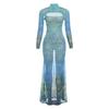Women's Mock Neck Long Sleeve Bodycon Maxi Dress Elastic Waist Cutout Printed Mesh Mermaid Sexy Dress