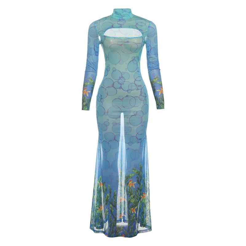 Women's Mock Neck Long Sleeve Bodycon Maxi Dress Elastic Waist Cutout Printed Mesh Mermaid Sexy Dress