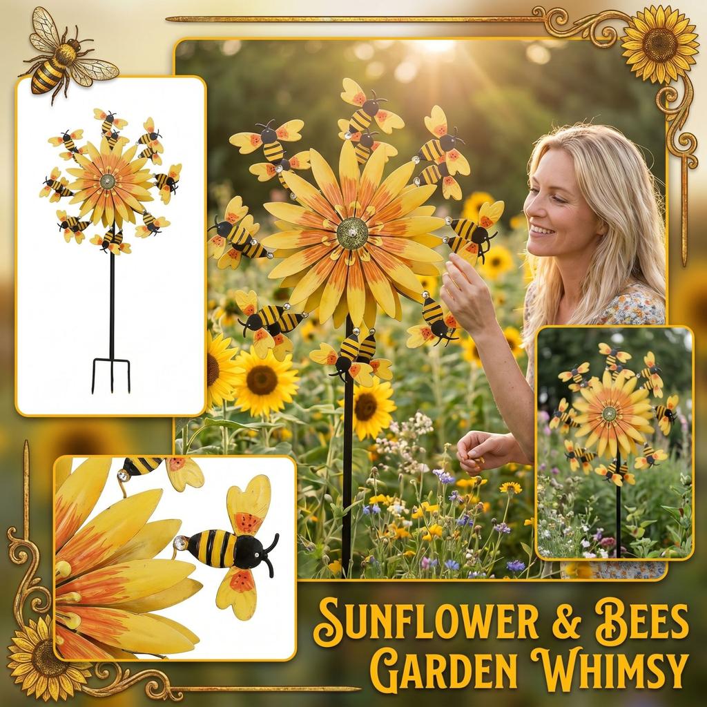 Metal Sunflower Garden Spinner with Rotating Bee Decorations Outdoor Yard Windmill Decorative Lawn Ornament for Patio Lawn
