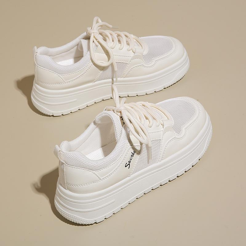 Womens Casual Sports Shoes 2026 New Spring Summer Style Thick Sole Board Shoes Breathable Artificial Flat Shoes White Sneakers