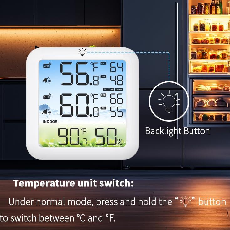 Wireless Freezer Thermometer with Alarm Household Digital Temperature Gauge Refrigerator Digital Thermometer with Backlit Display Prevent Food
