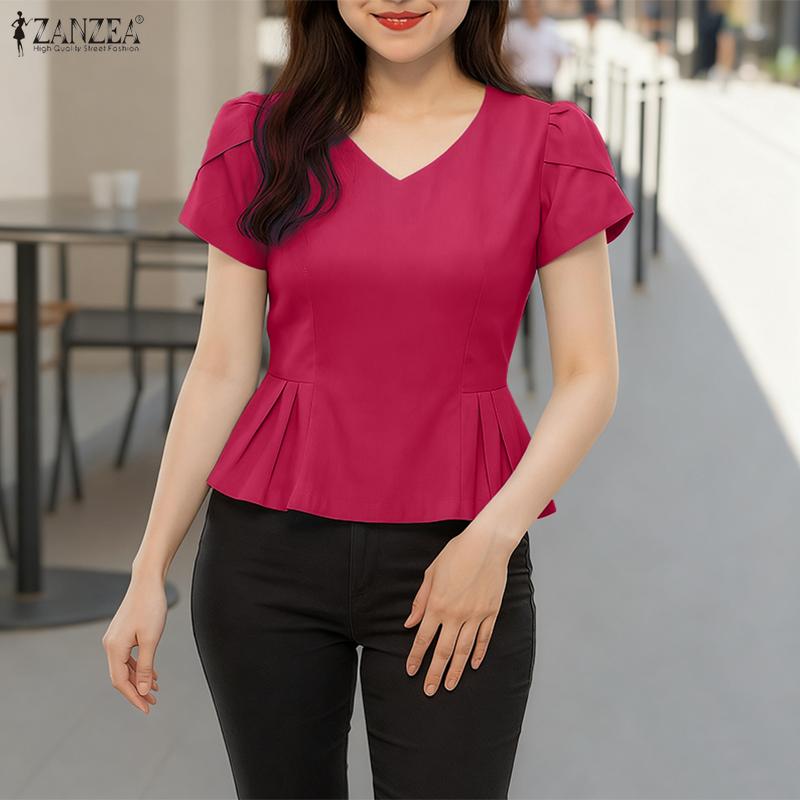 ZANZEA Women Casual V-Neck Summer Short Sleeve Blouse