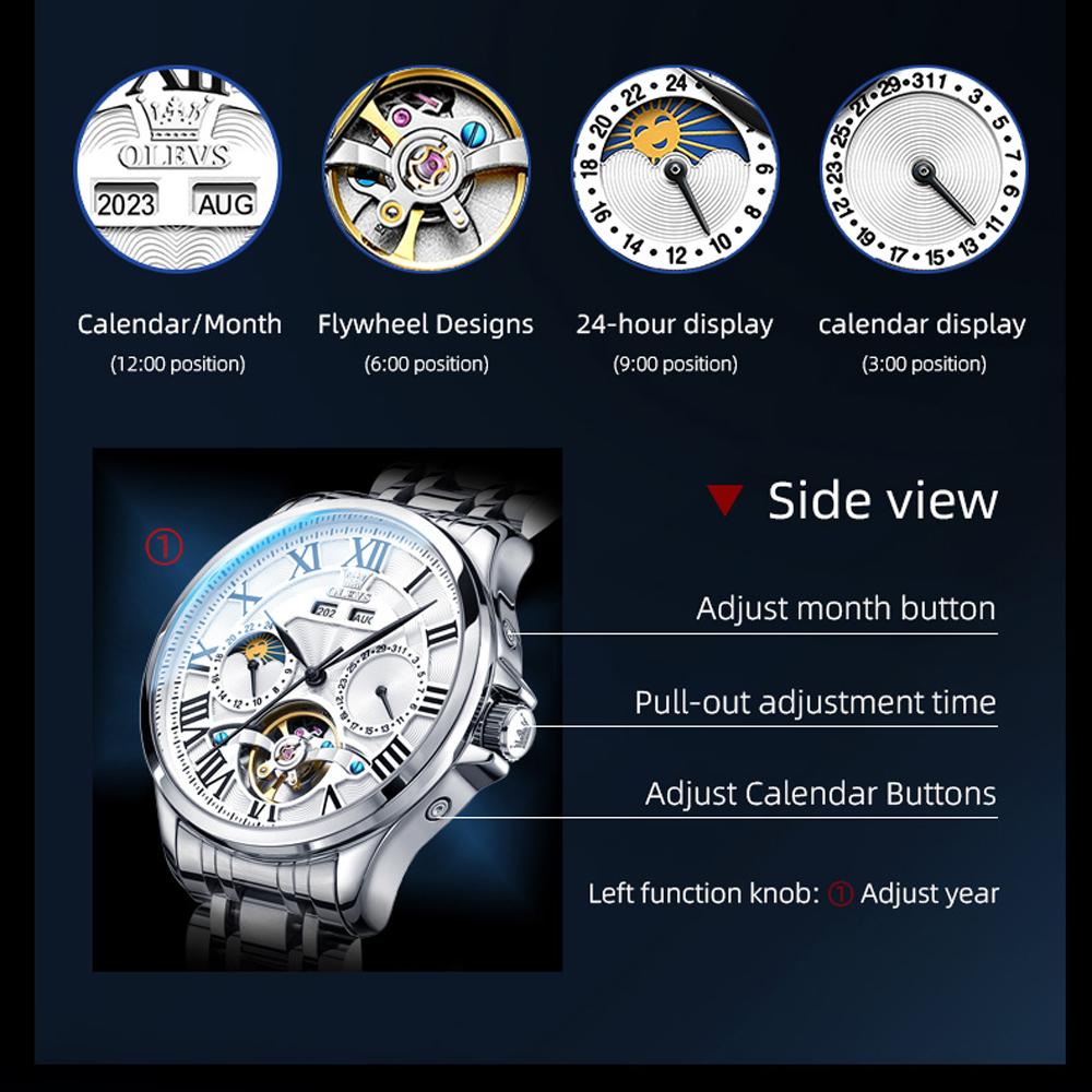 OLEVS Men's Multi-functional Automatic Mechanical Watch Rome Time Dial Waterproof Wristwatch Tourbillon Watches For Men